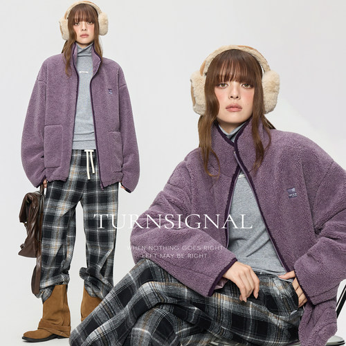 TurnSignal潮牌仿羊羔毛外套女秋冬2025新款宽松保暖立领绒外套 - 图0