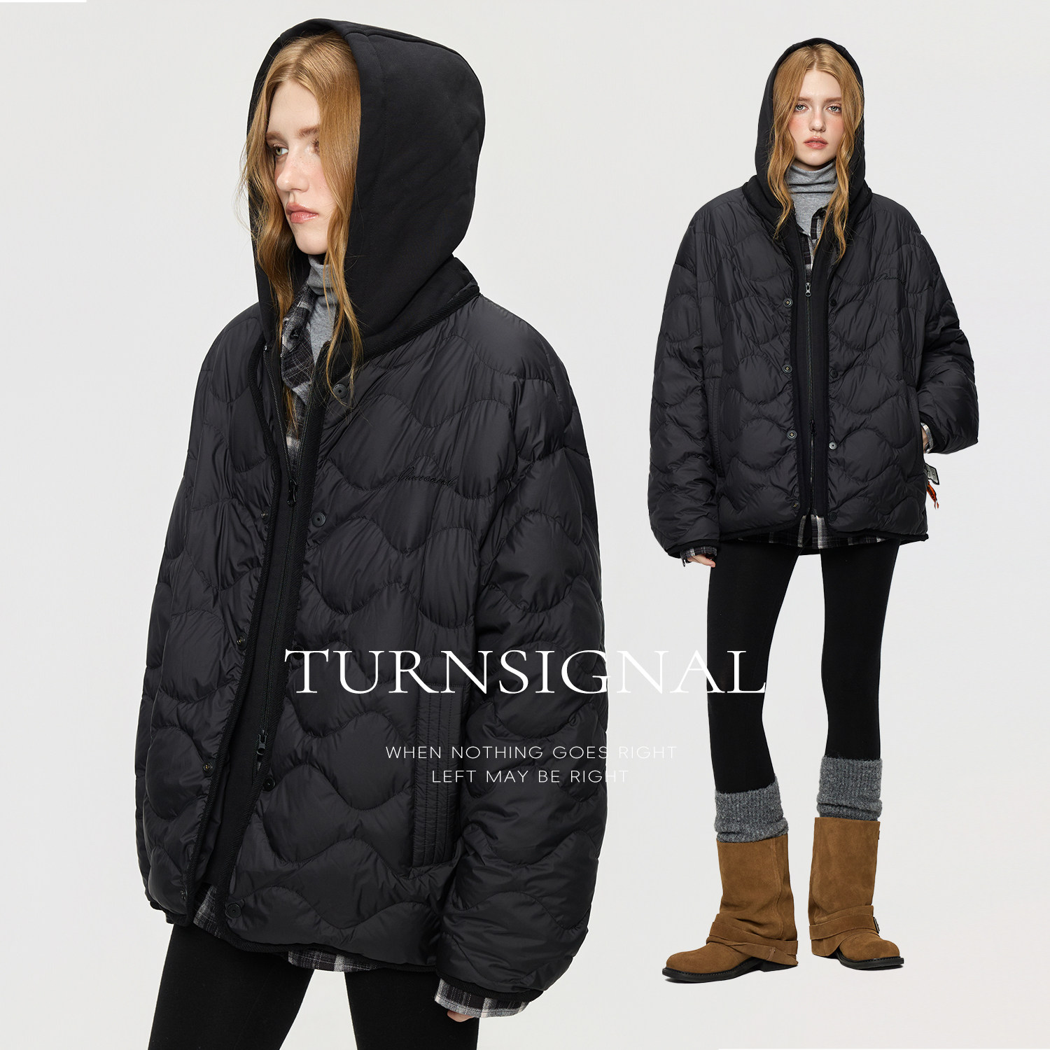 TurnSignal假两件轻薄羽绒服女冬季2025新款连帽宽松保暖羽绒外套