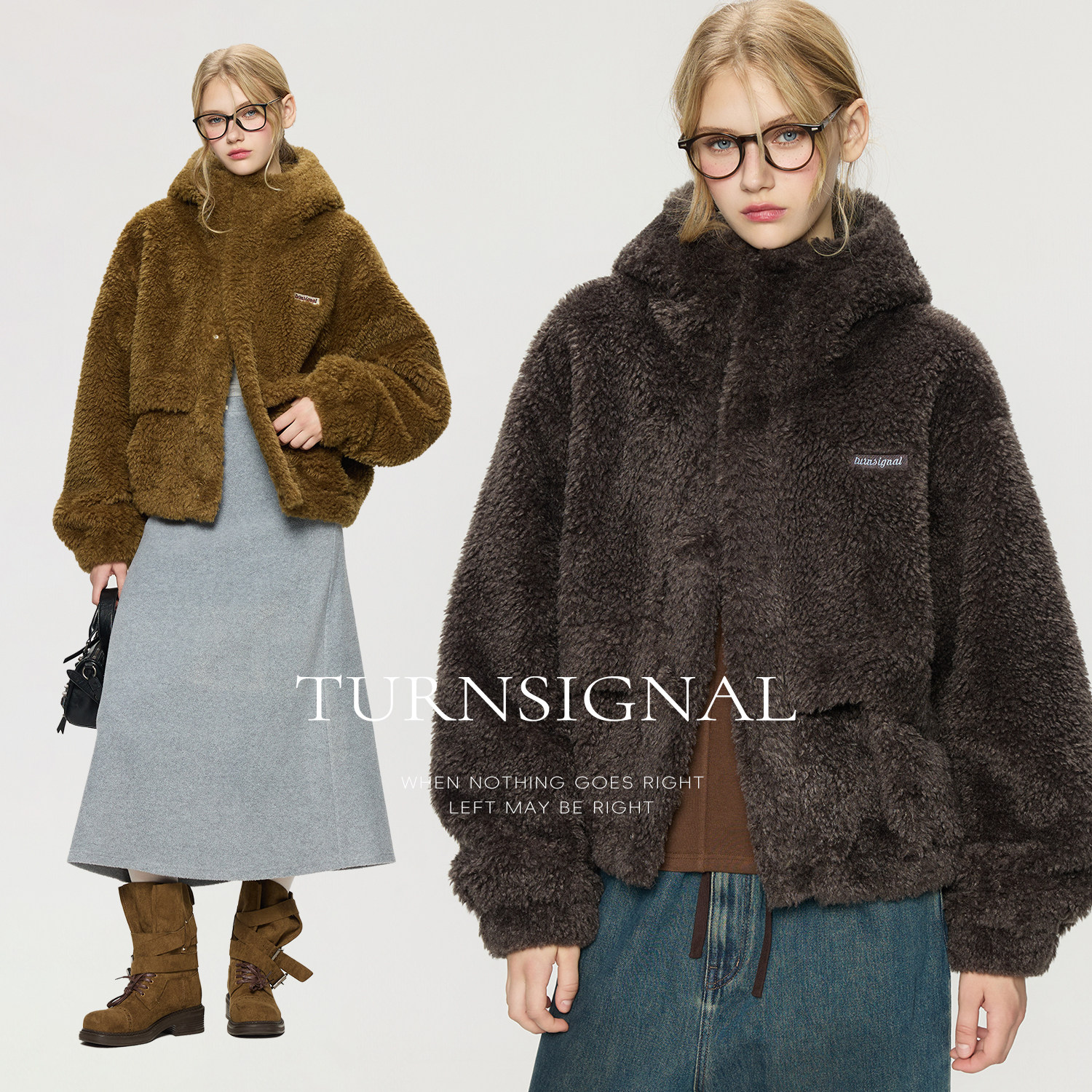 TurnSignal短款仿羊羔毛外套女连帽秋冬2025新款休闲宽松绒外套,淘宝优惠券,粉丝福利购,淘宝优惠卷