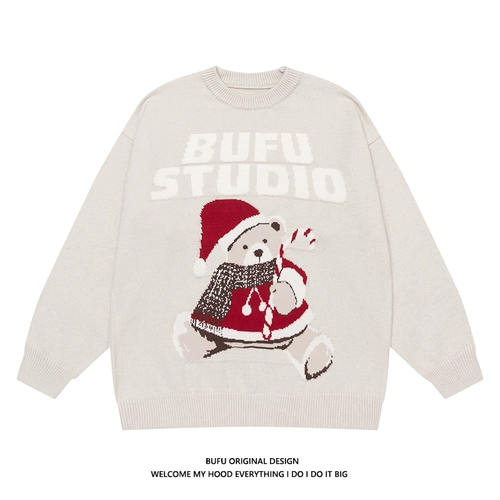 Ретро демисезонный трикотажный свитер подходит для мужчин и женщин для влюбленных, этнический стиль, в американском стиле, с медвежатами