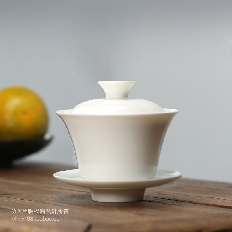 羊脂玉瓷白瓷盖碗 传统潮州功夫茶具三才杯 陶瓷茶碗 乌龙泡茶碗 - 图0