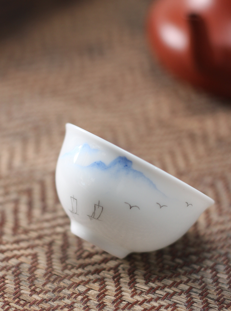 传统潮州功夫茶具茶杯 手绘小船山水杯蛋壳杯 单丛小茶杯 超小号 - 图1