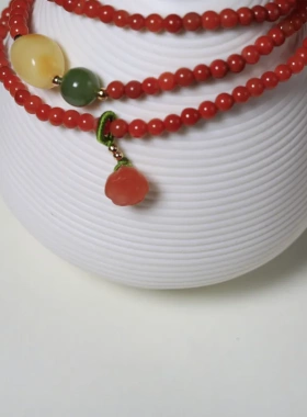 女式南红四圈手链细小款南红莲蓬手 配多宝蜜蜡碧玉手串民族风