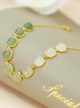 气质轻奢手链时尚百搭和田玉方糖手链 925银镀金网红简约精致配饰