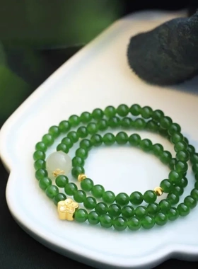 上新女式和田玉碧玉手串菠菜绿圆珠多圈手链s925纯银复古手链民族