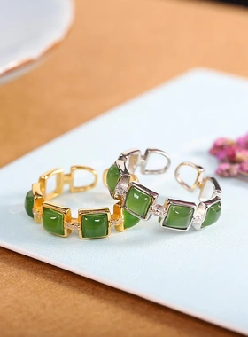 人品银品s925银镀金手饰时尚小清新女式 和田碧玉戒指 源头厂货