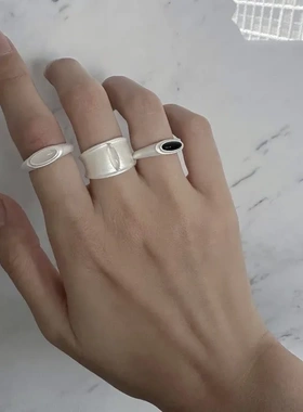 董洁同款925纯银黑洞戒指 黑曜石黑白玛瑙小众设计手工个性肌理感