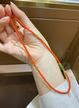 天然南红小米珠项链3mm中国风锁骨链柿子红气质显白新春款颈链