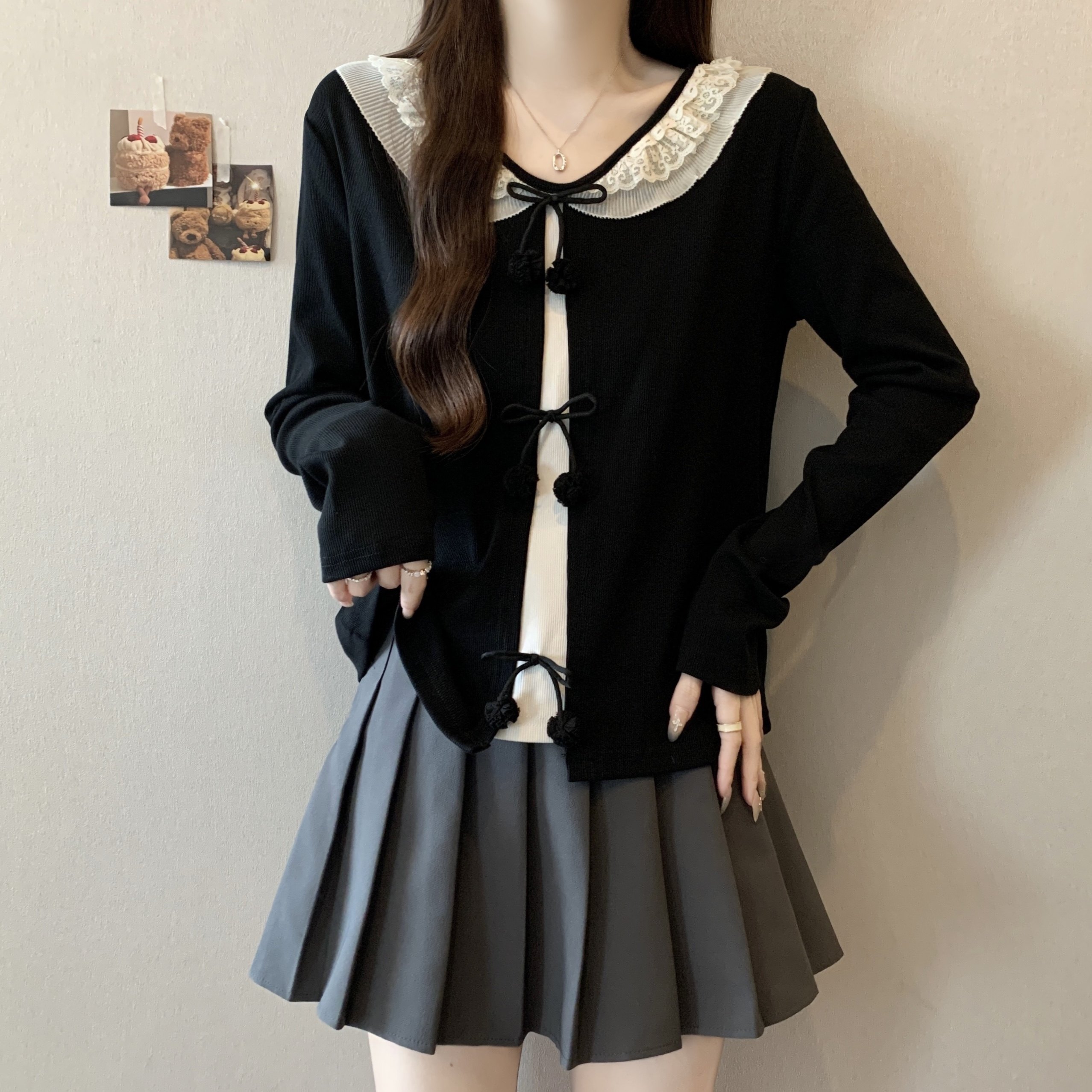 大码女装设计感蝴蝶结长袖针织衫秋季新款胖mm打底内搭假两件上衣,淘宝优惠券,粉丝福利购,淘宝优惠卷