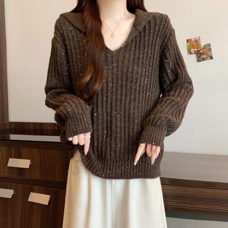 大码女装2025秋冬新款时尚百搭剪刀领正肩亮片纱长袖套头上衣毛衣,淘宝优惠券,粉丝福利购,淘宝优惠卷