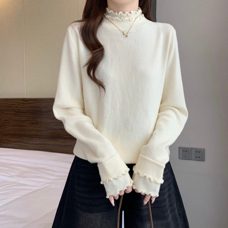 大码女装2025秋冬新款波浪密边双领打底长袖正肩套头针织衫毛衣潮,淘宝优惠券,粉丝福利购,淘宝优惠卷
