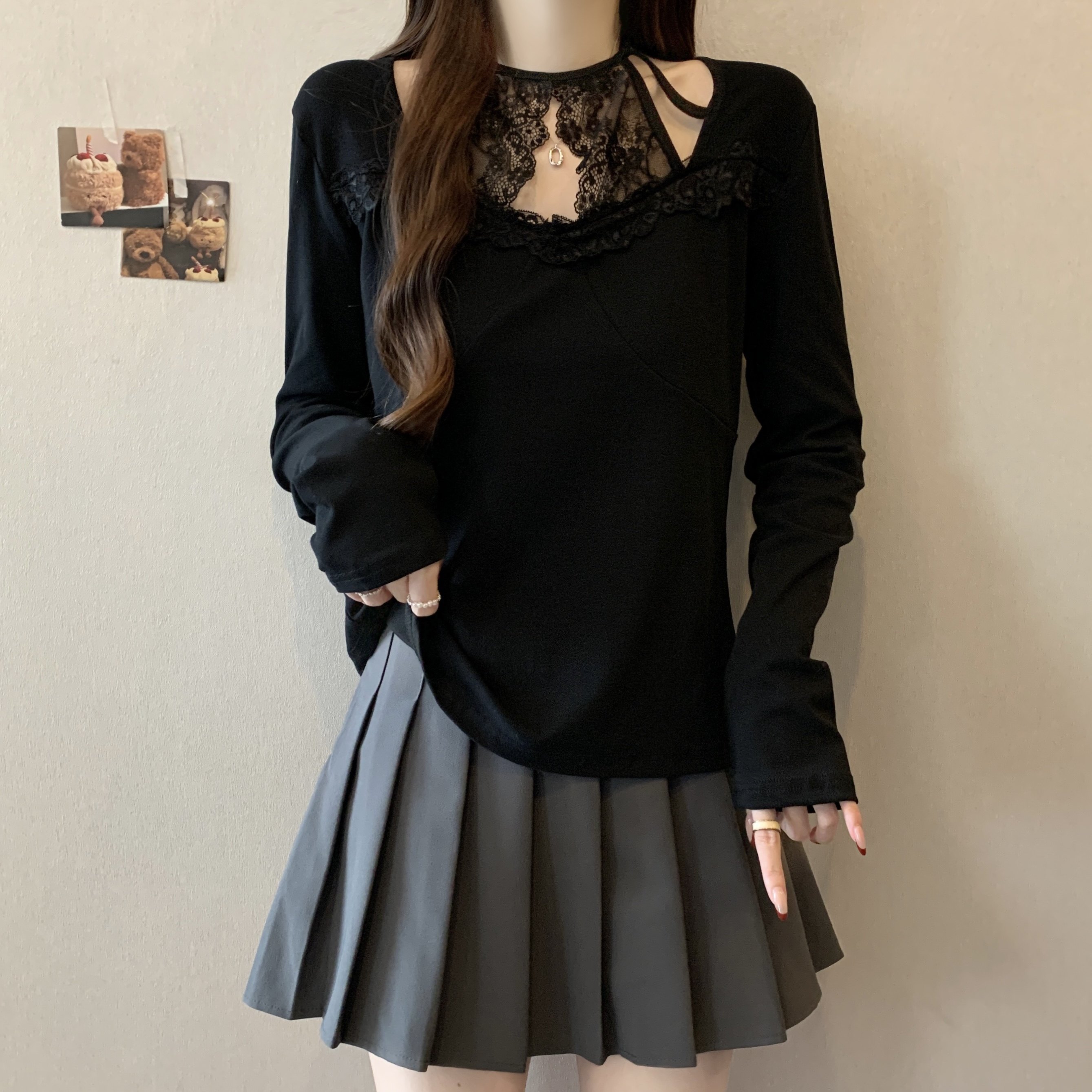 大码女装2025秋冬新款纯欲风蕾丝挂脖打底衫胖MM内搭长袖T恤上衣,淘宝优惠券,粉丝福利购,淘宝优惠卷
