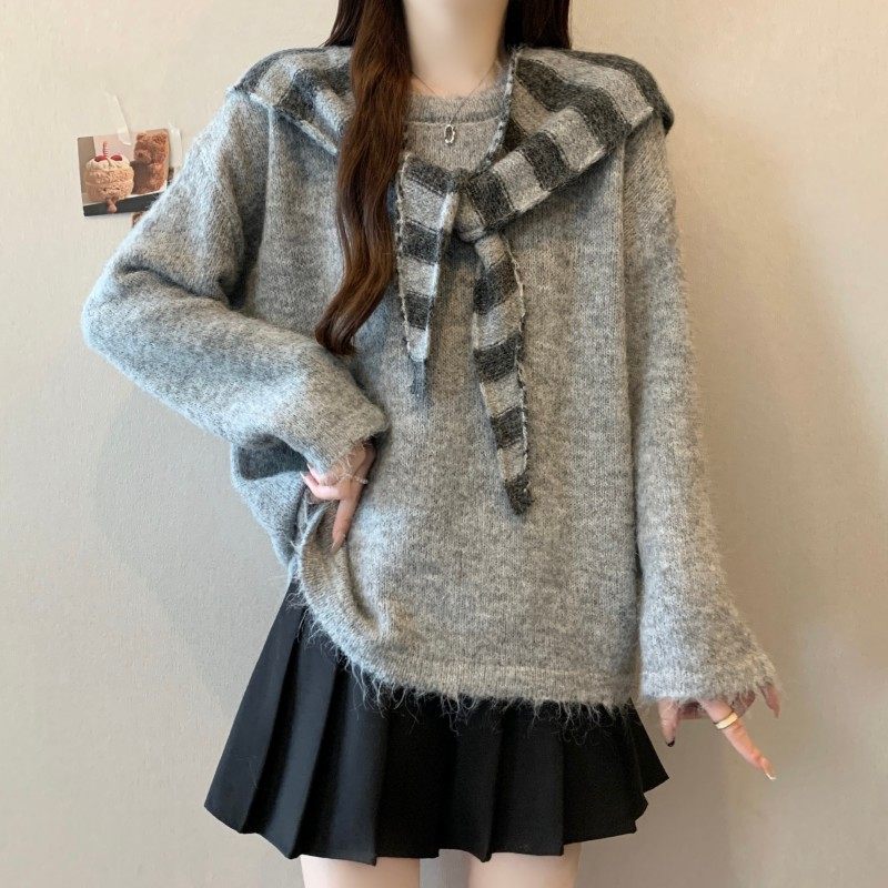 大码女装2025秋冬新款圆领纯色长袖毛衣条纹帽子披肩两件套毛衣潮,淘宝优惠券,粉丝福利购,淘宝优惠卷