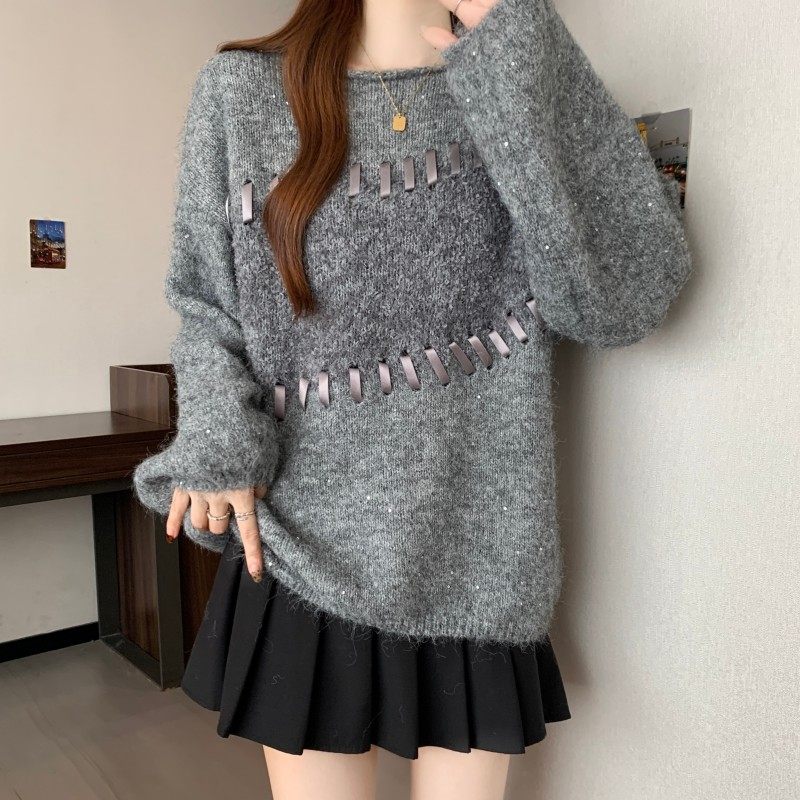 大码女装2025秋冬新款胖MM圆领设计感穿绳落肩袖套头长袖上衣毛衣,淘宝优惠券,粉丝福利购,淘宝优惠卷