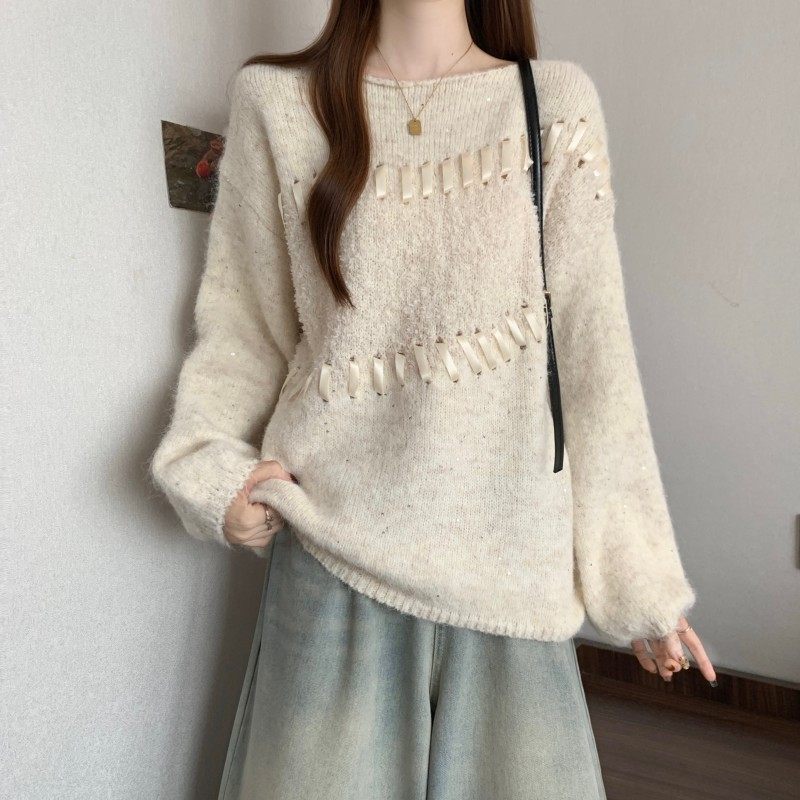 大码女装2025秋冬新款胖MM圆领设计感穿绳落肩袖套头长袖上衣毛衣,淘宝优惠券,粉丝福利购,淘宝优惠卷