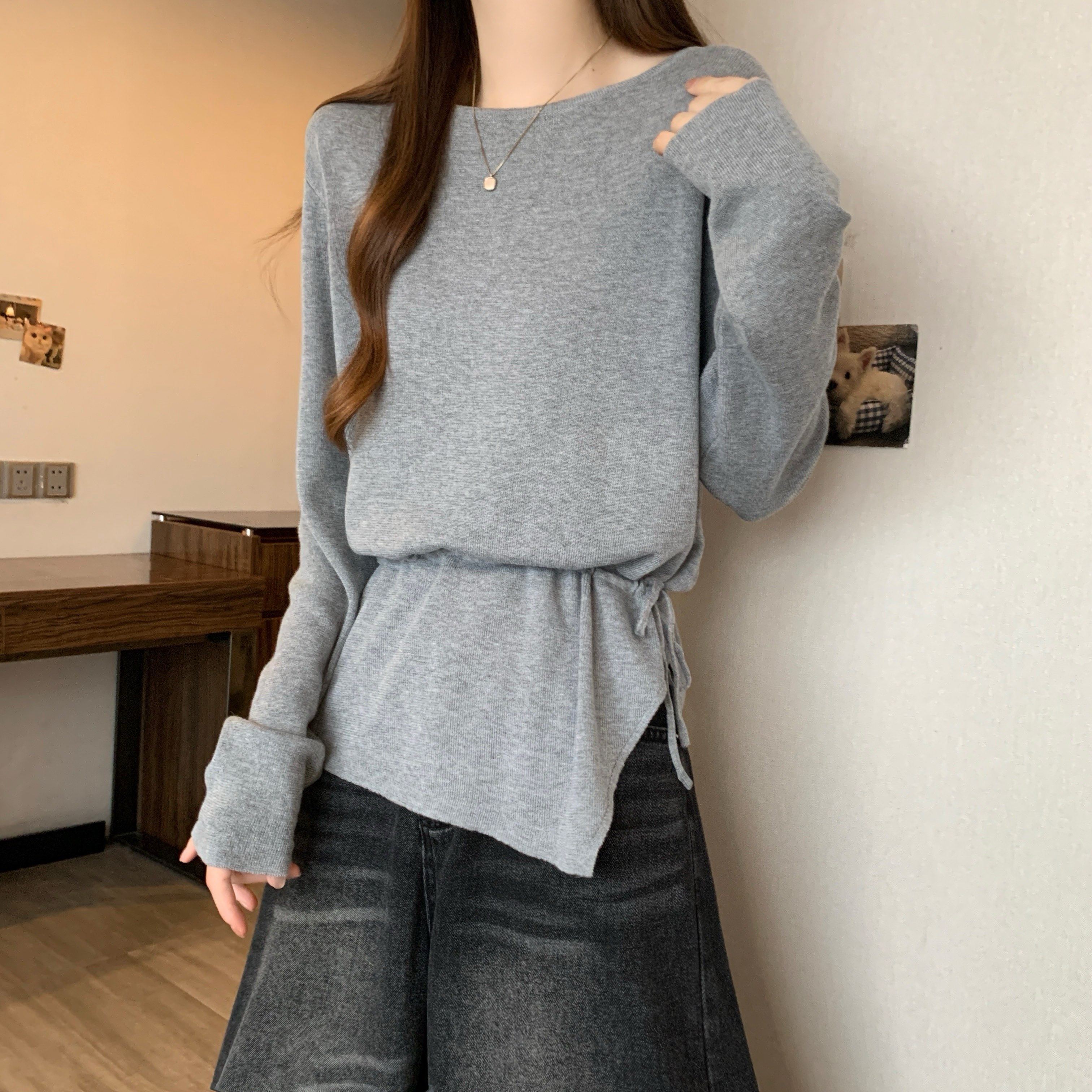 大码女装柔糯长袖针织T恤女秋冬新款胖MM时尚百搭抽绳收腰打底衫,淘宝优惠券,粉丝福利购,淘宝优惠卷