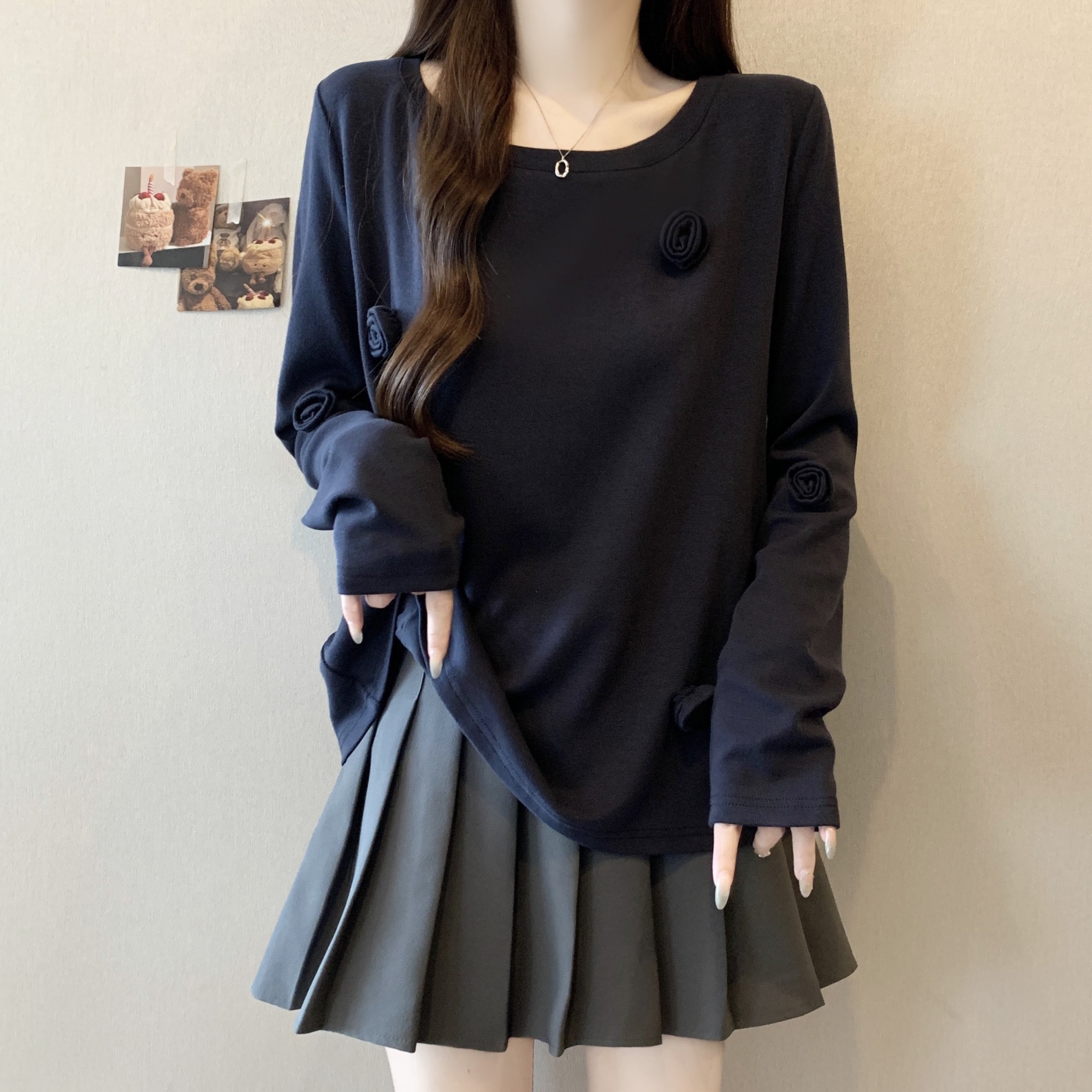 大码女装胖mm深蓝色时尚百搭长袖T恤秋季新款内搭立体花朵上衣潮,淘宝优惠券,粉丝福利购,淘宝优惠卷