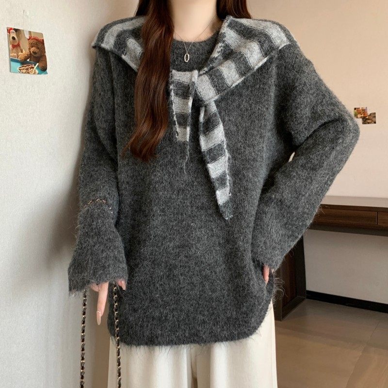 大码女装2025秋冬新款圆领纯色长袖毛衣条纹帽子披肩两件套毛衣潮,淘宝优惠券,粉丝福利购,淘宝优惠卷