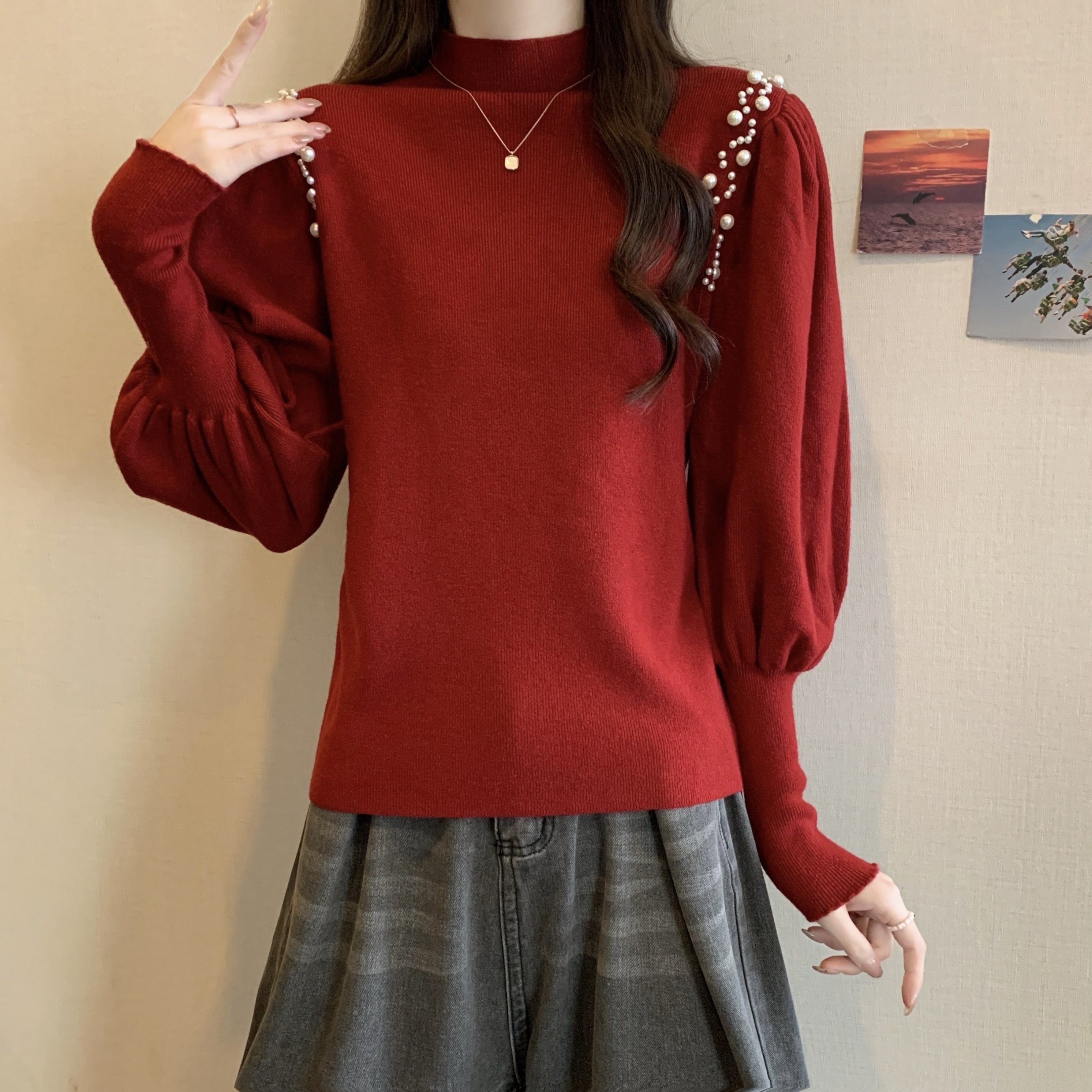 大码女装2025秋冬新款半高领毛衣胖MM百搭上衣钉珠内搭长袖打底衫,淘宝优惠券,粉丝福利购,淘宝优惠卷