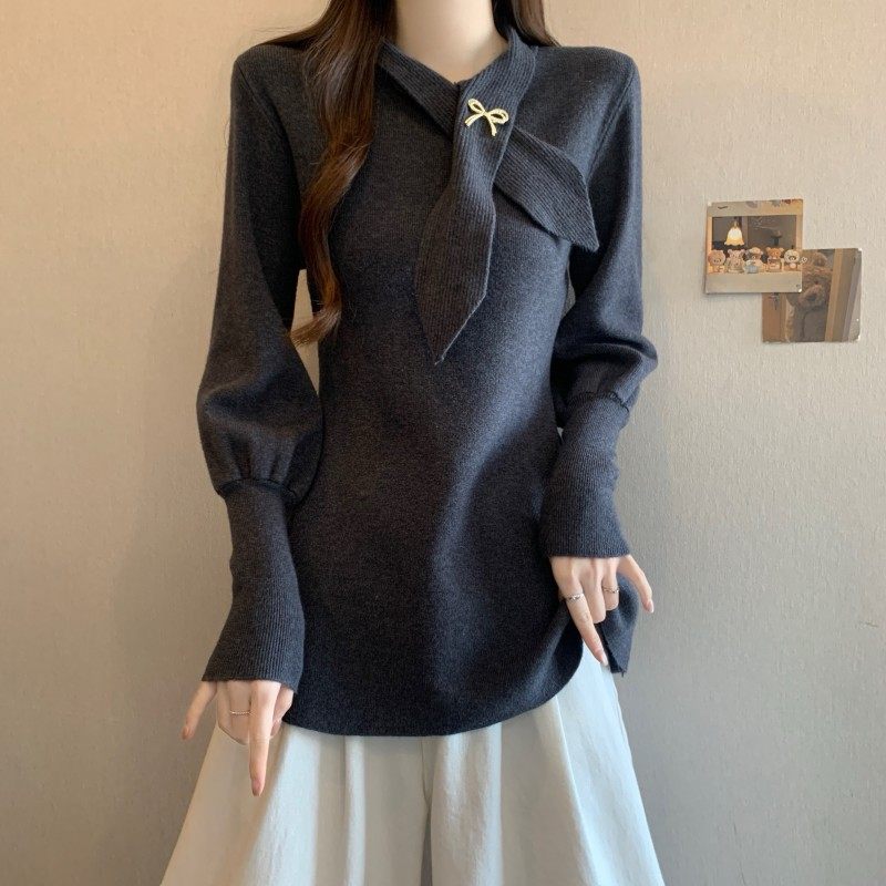 大码女装2025秋冬新款法式气质蝴蝶领结收腰正肩长袖套头上衣毛衣,淘宝优惠券,粉丝福利购,淘宝优惠卷