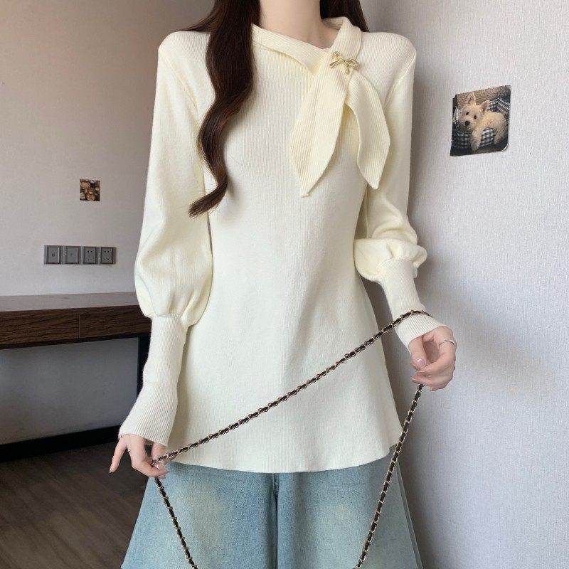 大码女装2025秋冬新款法式气质蝴蝶领结收腰正肩长袖套头上衣毛衣,淘宝优惠券,粉丝福利购,淘宝优惠卷