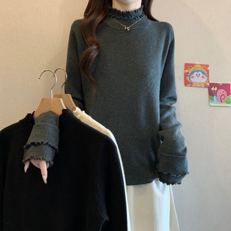 大码女装2025秋冬新款波浪密边双领打底长袖正肩套头针织衫毛衣潮,淘宝优惠券,粉丝福利购,淘宝优惠卷