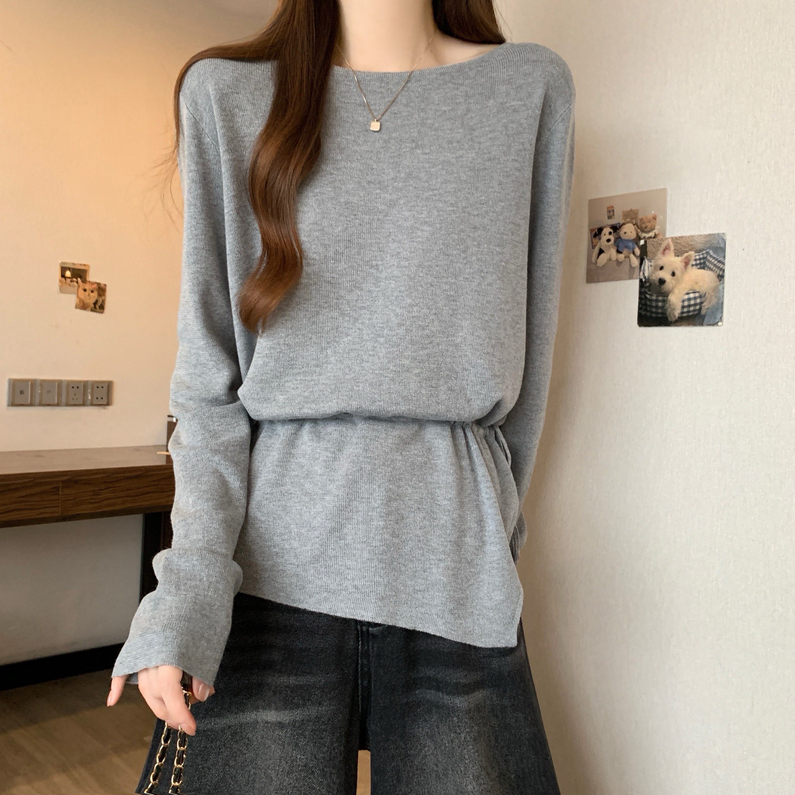 大码女装柔糯长袖针织T恤女秋冬新款胖MM时尚百搭抽绳收腰打底衫,淘宝优惠券,粉丝福利购,淘宝优惠卷