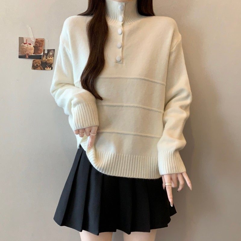 大码女装2025秋冬新款时尚百搭一排扣高领正肩简约长袖套头毛衣潮,淘宝优惠券,粉丝福利购,淘宝优惠卷