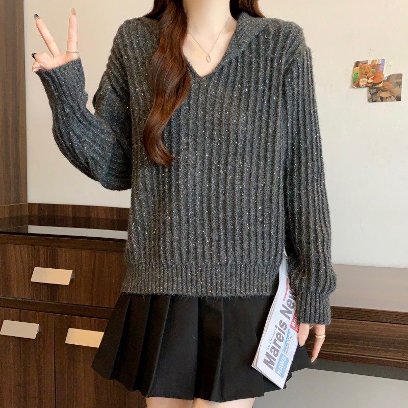 大码女装2025秋冬新款时尚百搭剪刀领正肩亮片纱长袖套头上衣毛衣,淘宝优惠券,粉丝福利购,淘宝优惠卷