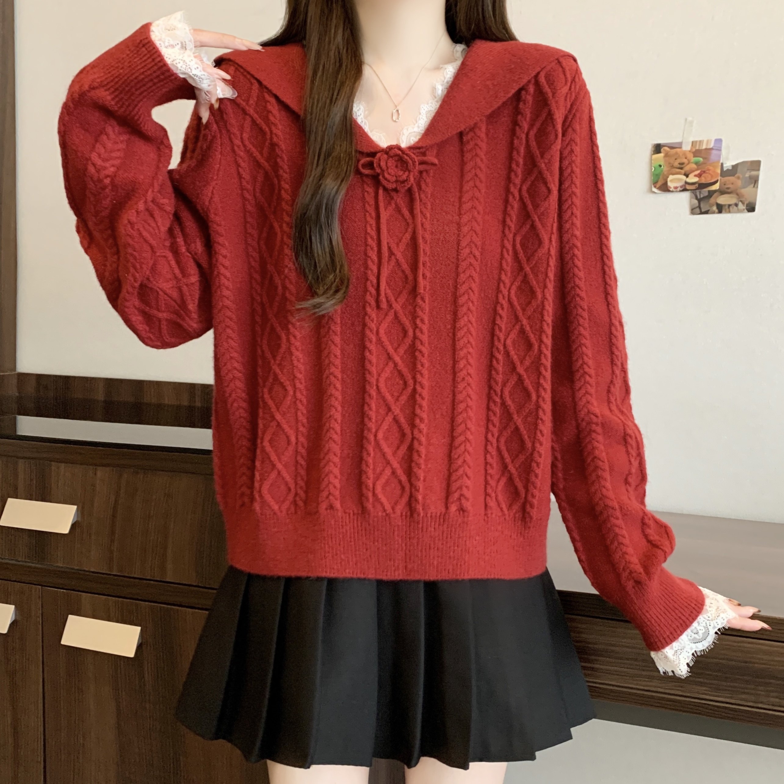 大码女装新年红色绞花纹毛衣2025秋冬新款宽松百搭法式针织衫上衣,淘宝优惠券,粉丝福利购,淘宝优惠卷