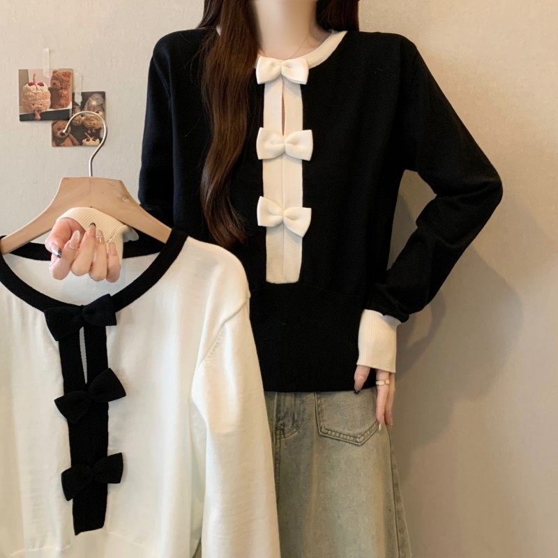 大码女装2025秋冬新款法式小香风圆领撞色套头长袖蝴蝶结上衣毛衣,淘宝优惠券,粉丝福利购,淘宝优惠卷