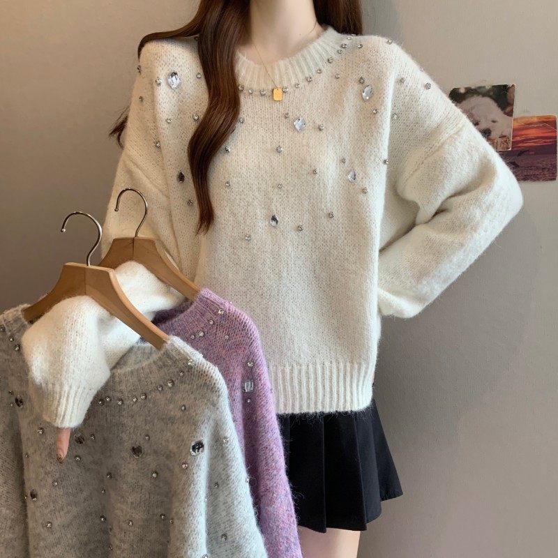 大码女装2025秋冬新款时尚百搭圆领套头法式重工钉钻长袖上衣毛衣,淘宝优惠券,粉丝福利购,淘宝优惠卷