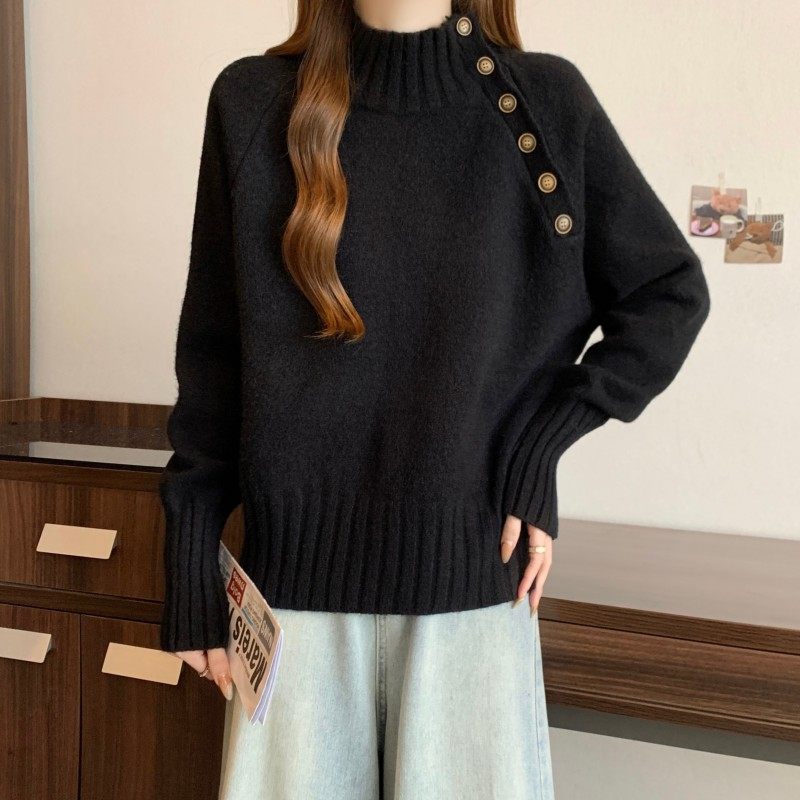 大码女装2025秋冬新款胖MM中领时尚设计感排扣插肩袖套头长袖毛衣,淘宝优惠券,粉丝福利购,淘宝优惠卷