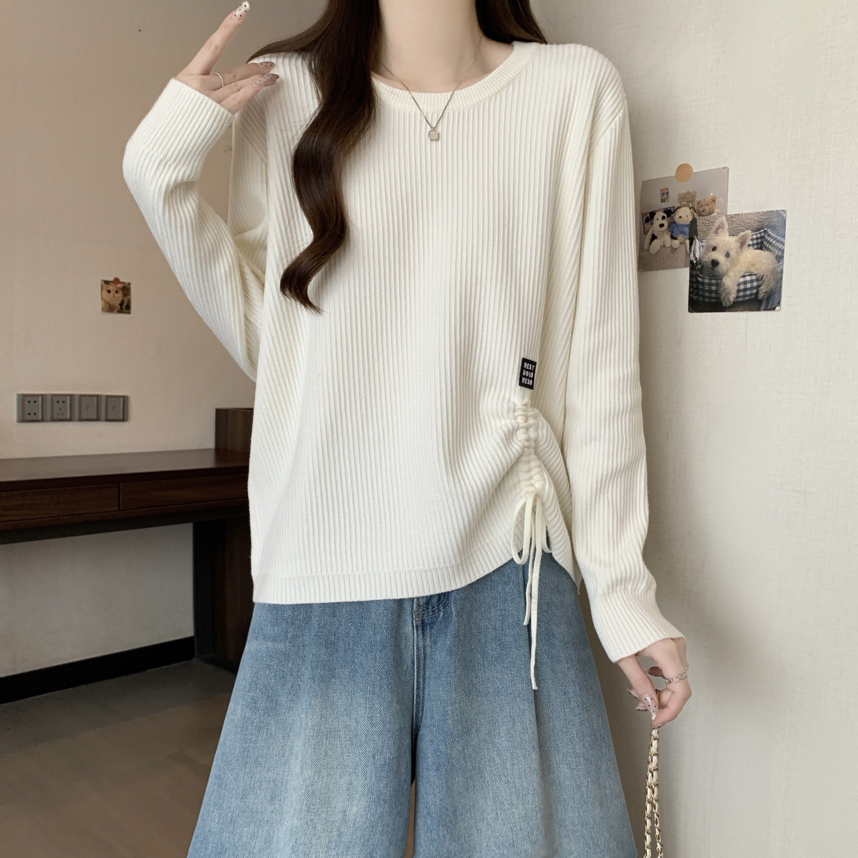 大码女装秋冬新款长袖抽绳内搭打底衫胖MM宽松百搭加厚百搭上衣潮,淘宝优惠券,粉丝福利购,淘宝优惠卷