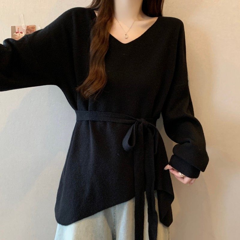 大码女装2025秋冬新款V领收腰系绳不规则下摆长袖套头上衣毛衣潮,淘宝优惠券,粉丝福利购,淘宝优惠卷