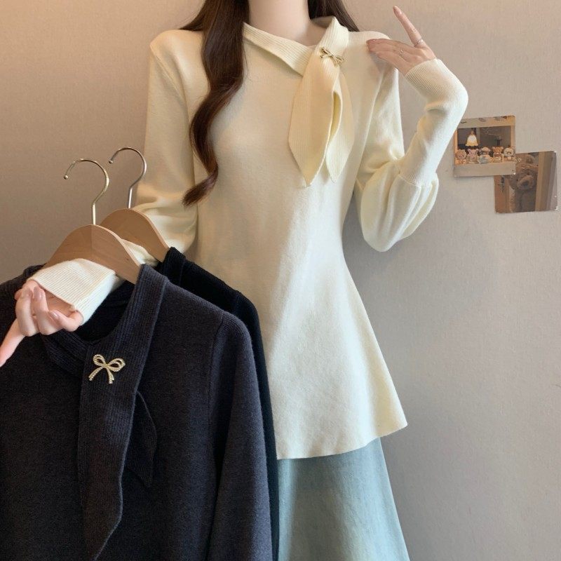 大码女装2025秋冬新款法式气质蝴蝶领结收腰正肩长袖套头上衣毛衣,淘宝优惠券,粉丝福利购,淘宝优惠卷