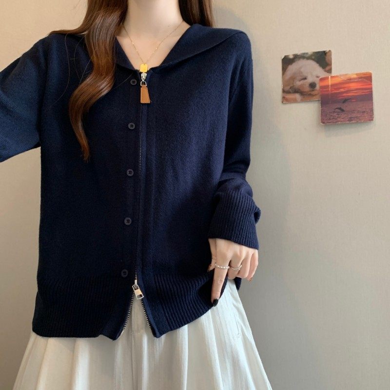 大码女装2025秋季新款时尚POLO大翻领双拉链长袖正肩上衣开衫毛衣,淘宝优惠券,粉丝福利购,淘宝优惠卷