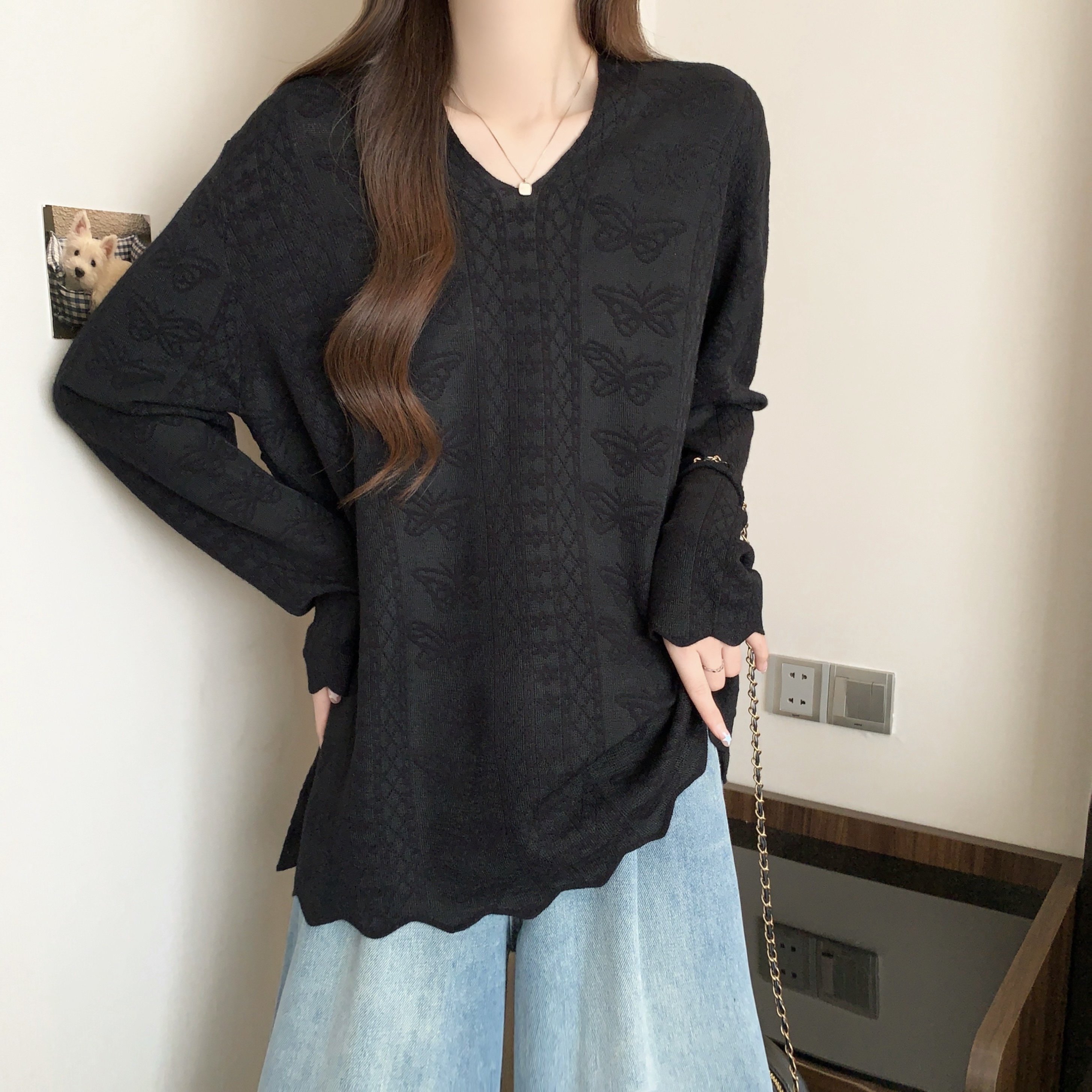 大码女装2025秋冬新款中长款蕾丝衫女胖MMV领宽松百搭长袖打底衫,淘宝优惠券,粉丝福利购,淘宝优惠卷