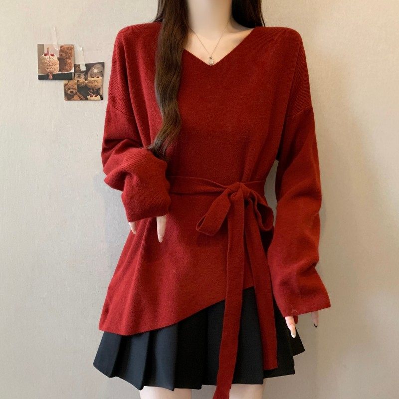 大码女装2025秋冬新款V领收腰系绳不规则下摆长袖套头上衣毛衣潮,淘宝优惠券,粉丝福利购,淘宝优惠卷