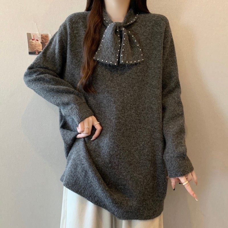 大码女装2025秋冬新款时尚百搭赫本风蝴蝶结长袖正肩上衣套头毛衣,淘宝优惠券,粉丝福利购,淘宝优惠卷