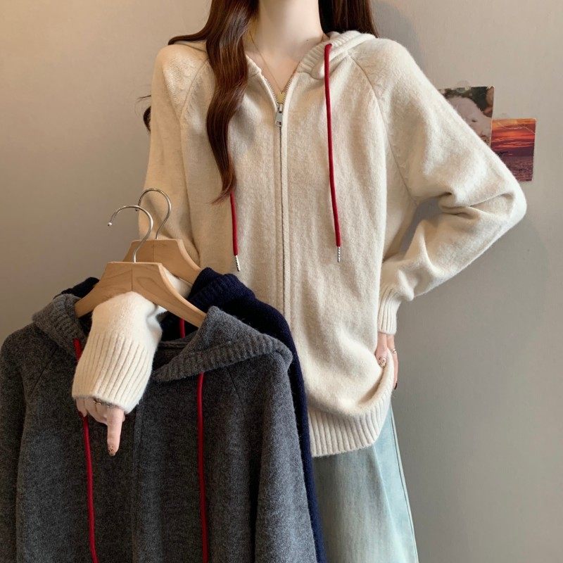大码女装2025秋季新款时尚百搭连帽红绳双拉链插肩袖开衫长袖毛衣,淘宝优惠券,粉丝福利购,淘宝优惠卷