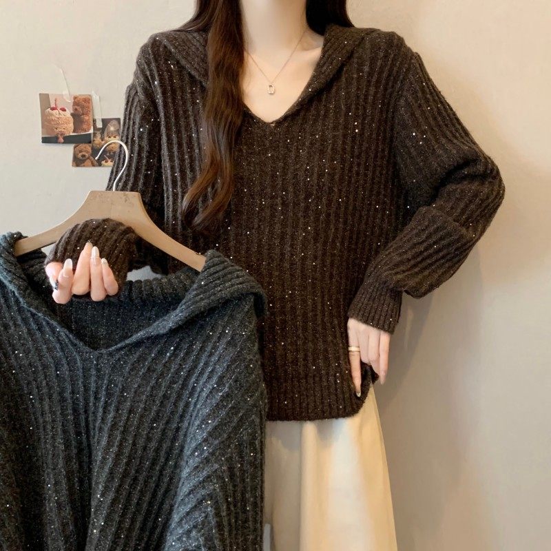 大码女装2025秋冬新款时尚百搭剪刀领正肩亮片纱长袖套头上衣毛衣,淘宝优惠券,粉丝福利购,淘宝优惠卷