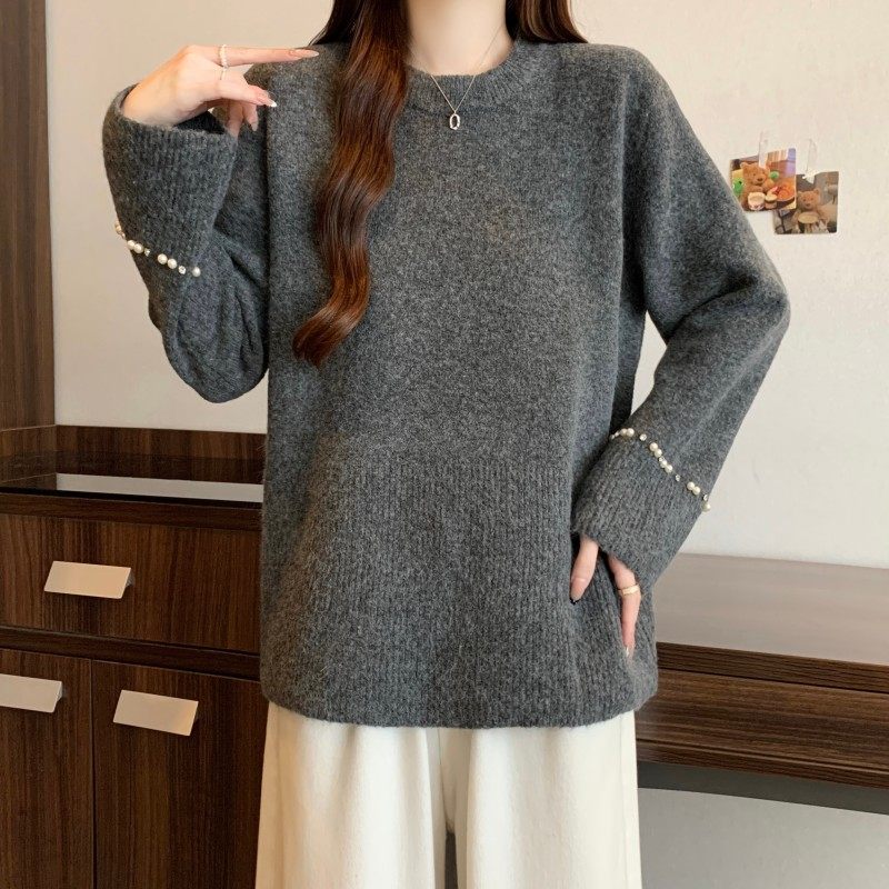 大码女装2025秋冬新款胖MM圆领重工钉珠过年红袖套头长袖上衣毛衣,淘宝优惠券,粉丝福利购,淘宝优惠卷