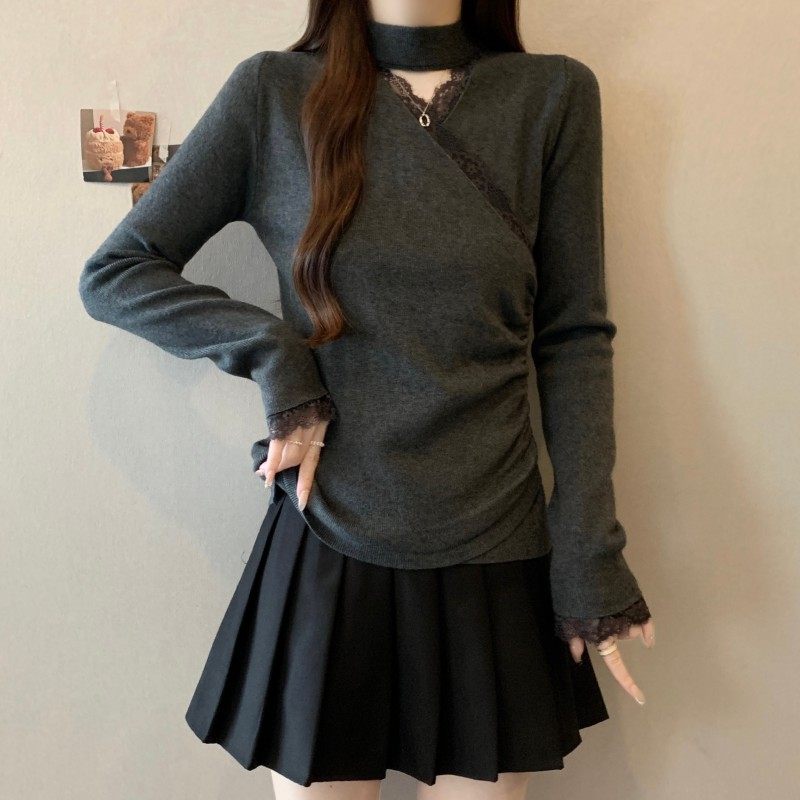 大码女装2025秋冬新款胖MM脖套镂空蕾丝交叉领长袖打底针织衫毛衣,淘宝优惠券,粉丝福利购,淘宝优惠卷