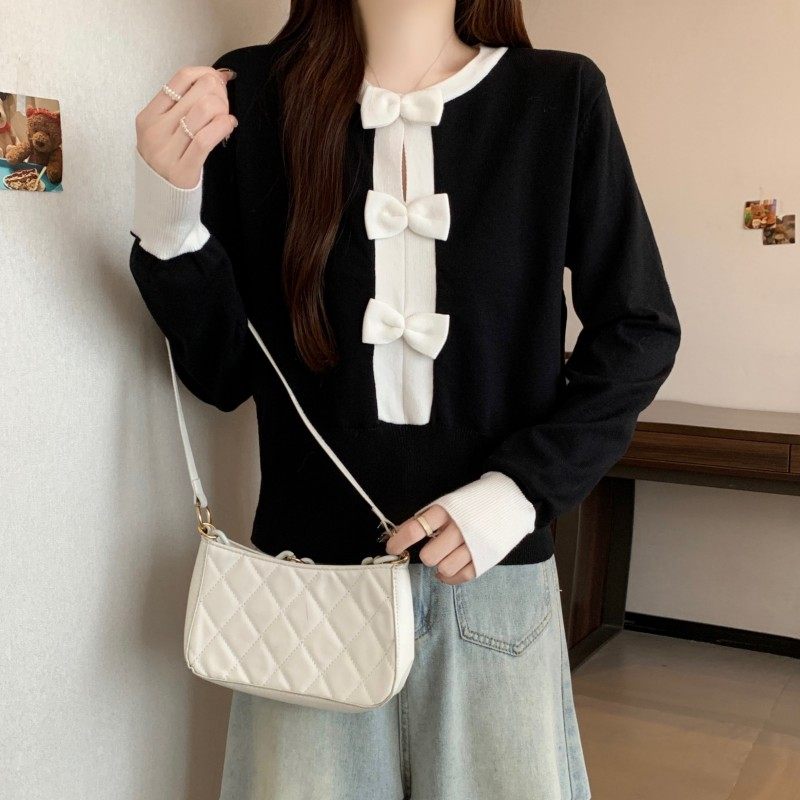大码女装2025秋冬新款法式小香风圆领撞色套头长袖蝴蝶结上衣毛衣,淘宝优惠券,粉丝福利购,淘宝优惠卷