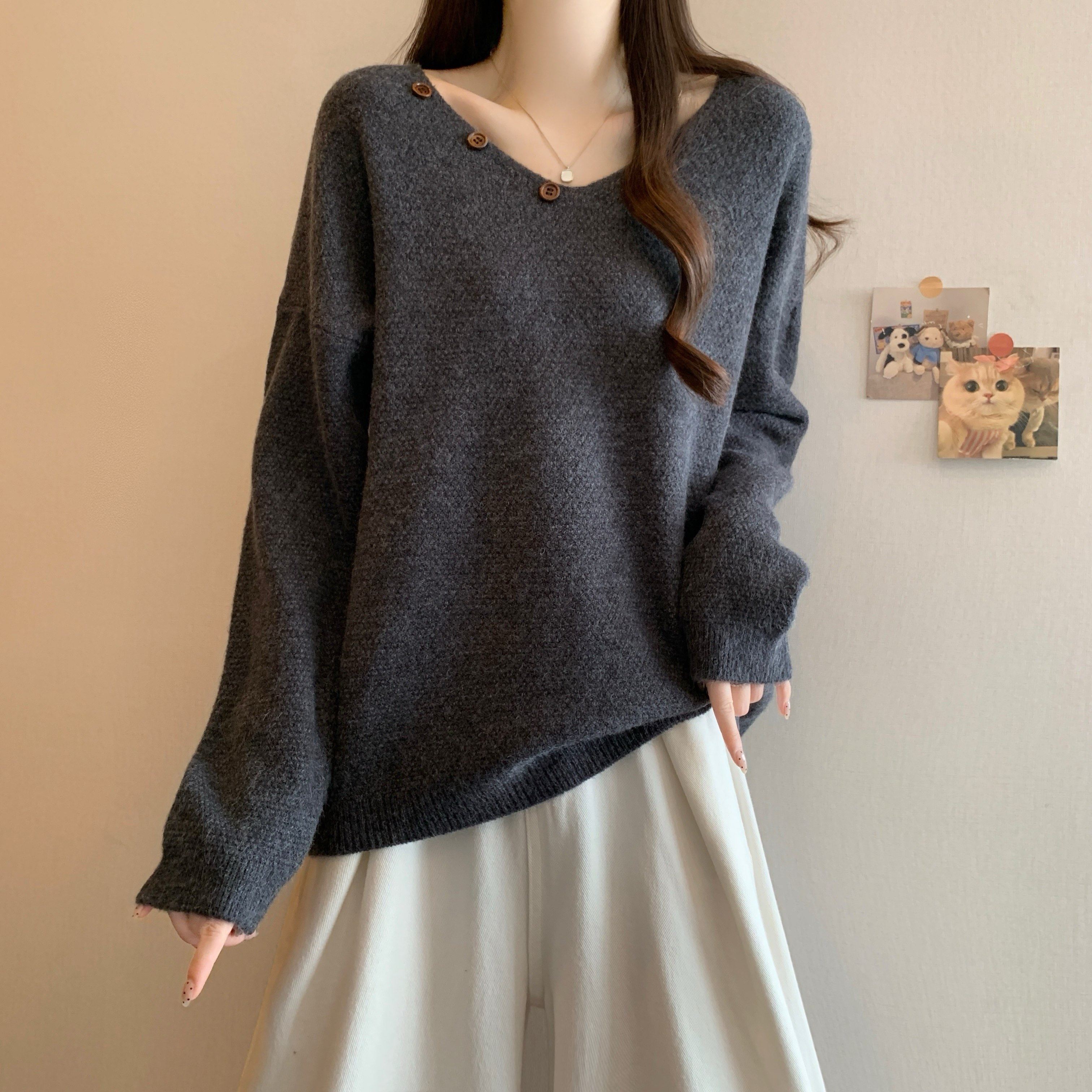 大码女装法式气质V领长袖肌理感毛衣针织衫胖MM宽松软糯打底衫潮,淘宝优惠券,粉丝福利购,淘宝优惠卷