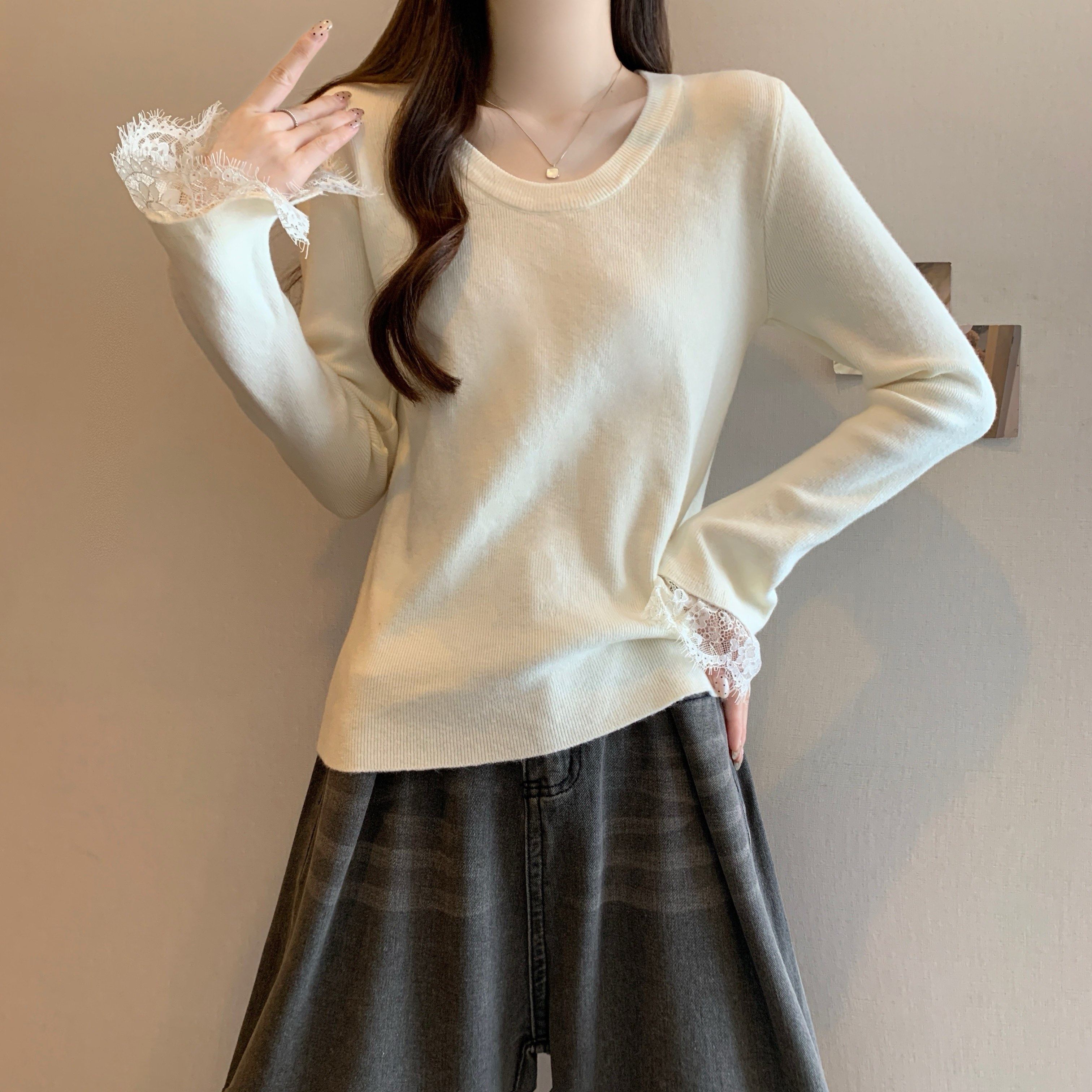 大码女装秋冬U领针织衫毛衣正肩长袖T恤女胖MM蕾丝袖内搭打底上衣,淘宝优惠券,粉丝福利购,淘宝优惠卷