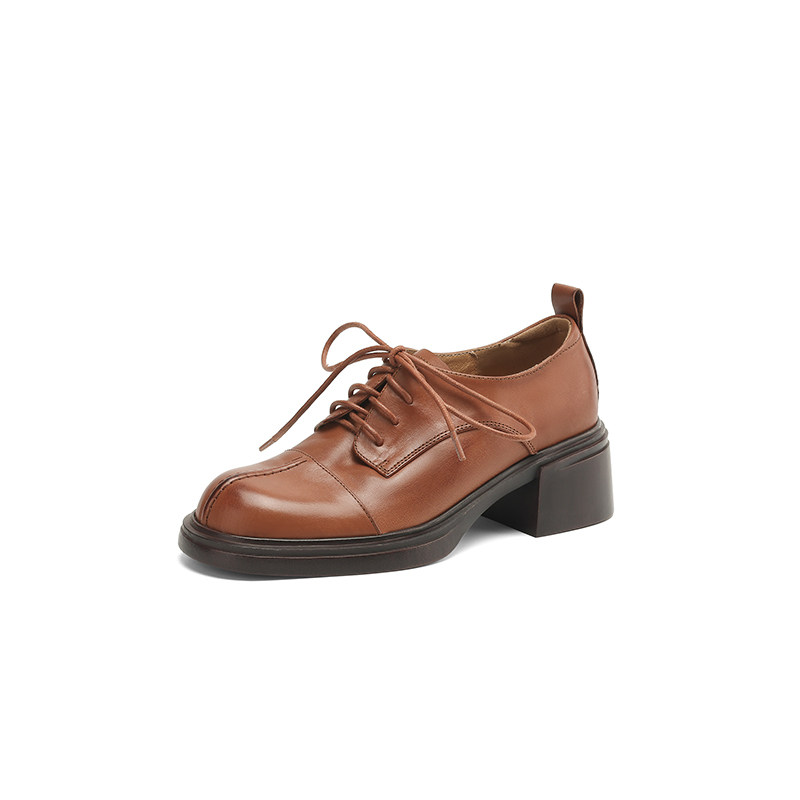 头层水系牛皮单鞋女2025新款深口布洛克系带女鞋粗跟中跟圆头40码,淘宝优惠券,粉丝福利购,淘宝优惠卷