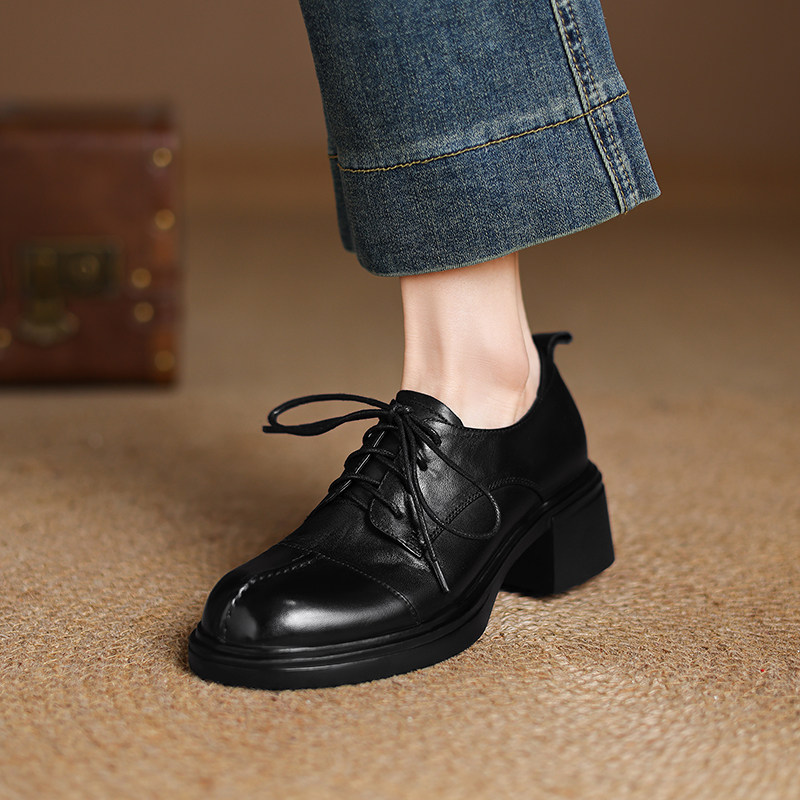 头层水系牛皮单鞋女2025新款深口布洛克系带女鞋粗跟中跟圆头40码,淘宝优惠券,粉丝福利购,淘宝优惠卷