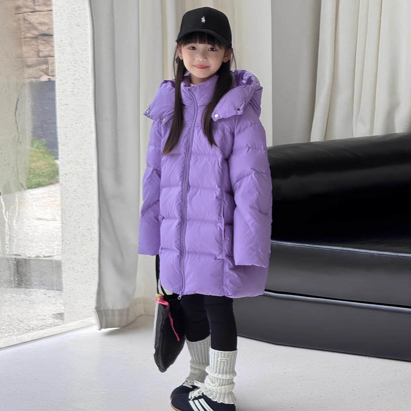 云朵泡芙羽绒服女童中长款2025冬新款大口袋加厚白鸭绒连帽面包服 - 图1